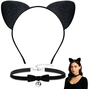 Imagem de Acessórios de fantasia de gato preto – Faixa de cabeça e gargantilha com laço e sino para mulheres, meninas, crianças – Roupa de gato preto de Halloween para vestir, cosplay, festas