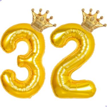Imagem de 32 balões com números dourados de 101,6 cm para decorações de aniversário de 32 anos para homens e mulheres, balões gigantes de Mylar de 32 anos