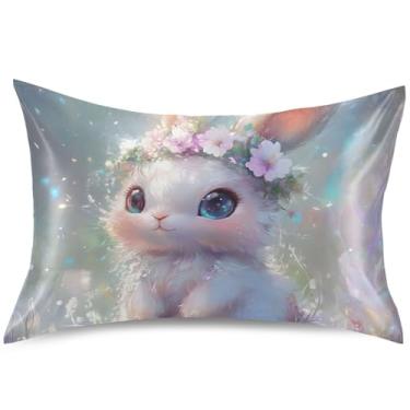 Imagem de Capa de almofada decorativa decorativa de cetim de coelho floral para decoração de cama queen king size decoração de casa, tamanho Queen, 76 cm x 50 cm