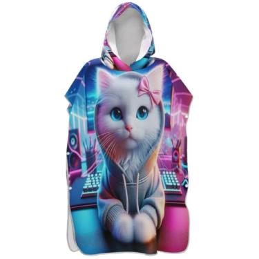 Imagem de Joisal Lindo roupão de gato branco animal surf poncho trocador para toalha de natação com capuz Adul plus size ponchos femininos com capuz
