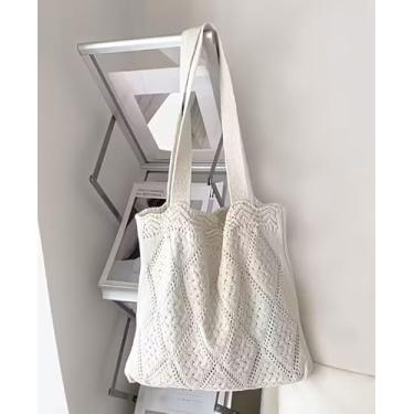Imagem de Sacola dobrável de malha de crochê de poliéster de cor sólida - alça fixa, estilo casual, sem forro, não impermeável para uso diário, branca