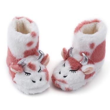 Imagem de LZSYC Pantufas femininas fofas felpudas de inverno quentes de animais, Rosa/vaca, 11-12 Little Kid