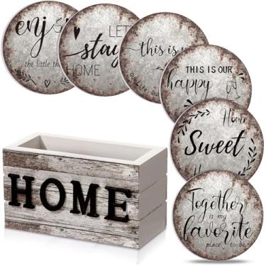 Imagem de Queekay Conjunto de 6 porta-copos para aquecer a casa, casa, casa, madeira, fazenda, bebida, porta-copos com suporte de 10 cm, decoração engraçada para cozinha, família, café, bar, proteção de mesa