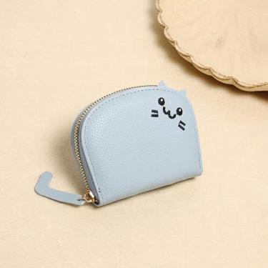 Imagem de Carteira feminina pequena de couro sintético, porta-cartões de crédito resistente à água, aparência de gato fofo, Azul, Tendência