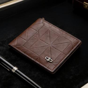 Imagem de Carteira masculina dobrável de couro curta, dobrável executiva clássica (café escuro)