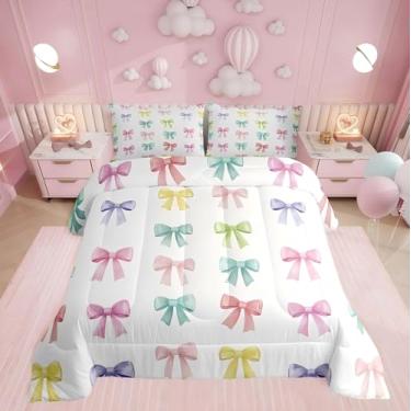 Imagem de Erosebridal Conjunto de edredom Queen com laço, arco-íris e laço geométrico, para crianças, adolescentes, edredom geométrico, estilo princesa kawaii, decoração de quarto, 3 peças