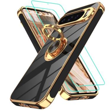 Imagem de Gritup Capa para Google Pixel 9 Pro XL: 2 peças protetoras de tela | Suporte magnético de rotação de 360° | Capa protetora básica de TPU macio com borda dourada revestida para Pixel 9 Pro XL preta