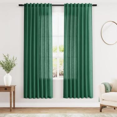 Imagem de Cortinas de linho verde esmeralda 182 cm de comprimento para sala de estar, cortinas de porta leves e transparentes, conjunto de 2 painéis para quarto de crianças, filtro de luz, aba traseira, cortina