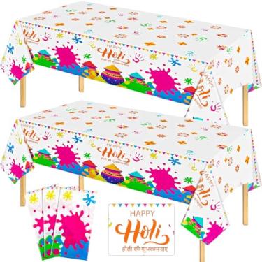 Imagem de Oudain 3 peças de toalha de mesa Holi Happy 137.2 cm x 274.3 cm Holi capas de mesa de plástico descartáveis Índia festival de cores decoração holi cor pó decoração e suprimentos para cozinha, sala de