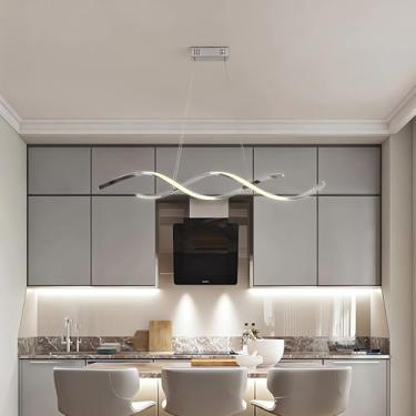 Imagem de Luminária pendente LED moderna e criativa, estilo linear, 3000k-6000k, dimerizável, com controle remoto, altura ajustável, ideal para mesa de jantar, bar e café (cromada).