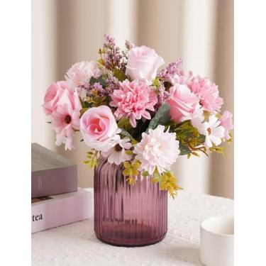 Imagem de NiHome Buquê de flores artificiais de seda rosa para decoração de casa, arranjo de rosas, crisântemos e girassóis com hastes flexíveis, centros de mesa de casamento