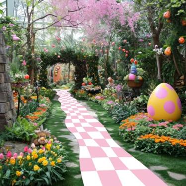 Imagem de Decoração de festa do País das Maravilhas Corredor quadriculado rosa e branco 305 x 61 cm Tapete de xadrez do País das Maravilhas para tema de conto de fadas, aniversário, chá de bebê, chá de mesa