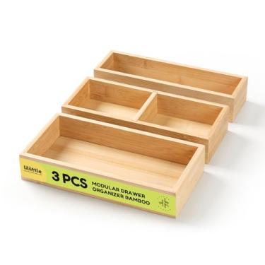Imagem de lilLittle Organizador de gaveta de bambu, conjunto organizador de gaveta de cozinha com 3 peças, organizador de utensílios multiuso, organizador de talheres para cozinha, banheiro, escritório, gavetas