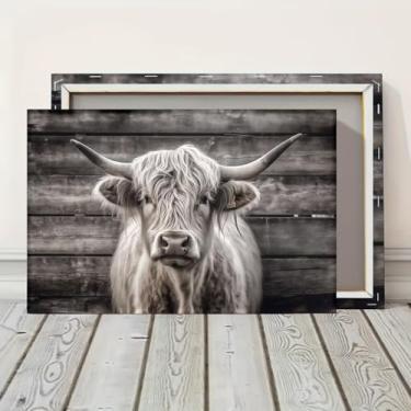 Imagem de Ear Tag Shaggy Cow Horns emoldurado arte de parede em tela pronta para pendurar impressões para decoração de casa, ideia de presente para sala de estar e quarto, escritório, festa de festival