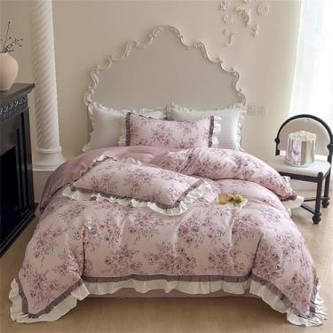 Imagem de Jogo de cama com estampa vintage de rosas em algodão, com babados, capa de edredom, lençol e fronhas, estilo 1, tamanho Queen (200x230cm), 4 peças.