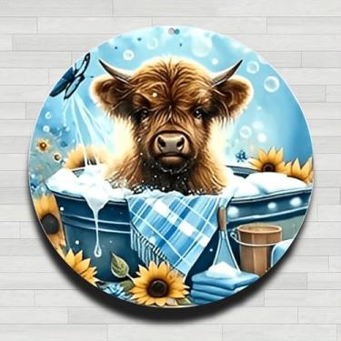 Imagem de Highland Bezerro Banho de Espuma Girassóis Vintage Alumínio Rústico Metal Placa de Parede Redonda, 20 cm Presentes e Decoração para Casa, Escritório, Café e Quintal