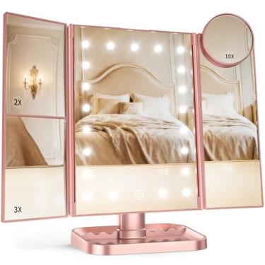 Imagem de HUONUL Espelho de Maquiagem com Luzes LED, Ampliação 10x, 3x, 2x, Iluminado, Controle de Toque, Três Dobras, Fonte de Alimentação Dupla, Ouro Rosa, 29.7C x 11.9L cm, Montagem sobre a Mesa