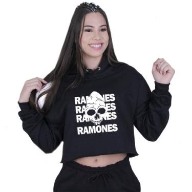 Imagem de Cropped Moletom Feminino Ramones Caveira World Rock, Preto, GG