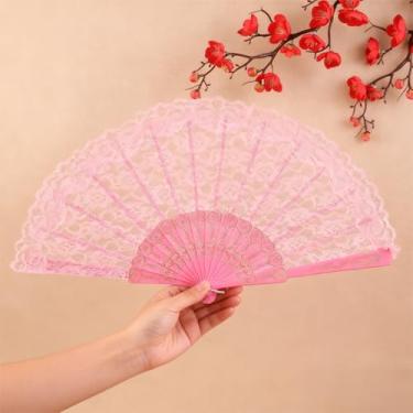 Imagem de Ventilador de renda dobrável portátil - Decoração chinesa vintage leque bordado para casamento, fantasia melindrosa dos anos 20, dança, chá e chá de panela, rosa