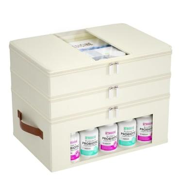 Imagem de Whiidoom Organizador de armário de remédios de 3 camadas, organizador de medicamentos de tecido para armário com alça de couro, caixa de armazenamento de medicamentos para primeiros socorros