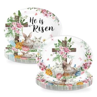 Imagem de 50 peças de pratos ovais de papel coelhinho da Páscoa, 25,4 x 30,5 cm, grandes, descartáveis, coelhinho, ovo, cruz, flores, pratos de papel Happy Easter para primavera, férias, chá de bebê, artigos de