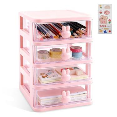Imagem de Organizador de mesa com gaveta, organizador de maquiagem empilhável branco, pequena caixa de armazenamento de plástico para mesa, balcão ou cômoda de banheiro, escola, casa, escritório (rosa - 4