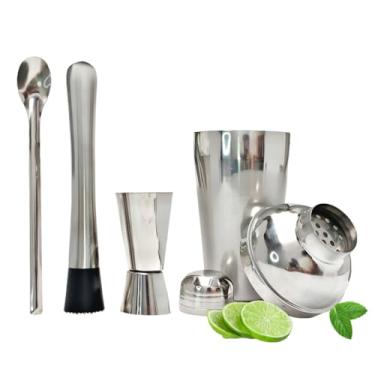 Imagem de Kit Caipirinha Profissional com 4 Peças em Inox, Coqueteleira 500ml, Socador, Colher Bailarina, Dosador Duplo