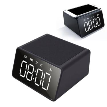 Imagem de Yunseity Despertador Digital Alto-falante, Carregador Sem Fio de 10w Com Display Led de 5 Cabeças Rádio Fm Microfone Embutido, para Cabeceira