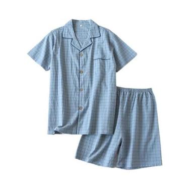 Imagem de Conjunto De Pijama Masculino Durável Em Algodão Xadrez Com Cardigan, S