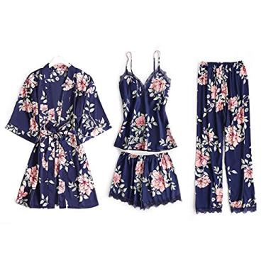 Imagem de HHHJQFAAT Pijama feminino 3 peças floral rendado acabamento cetim conjunto de pijama com roupão decote em V vestido de dormir G azul marinho B (azul marinho b)
