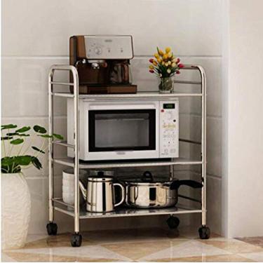 Imagem de Prateleira de cozinha Prateleira de armazenamento de cozinha de aço inoxidável Prateleira de três camadas Prateleira de forno de micro-ondas Rack de armazenamento de pratos móveis Rack de
