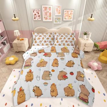Imagem de Erosebridal Lindo conjunto de cama de capivara, tamanho casal, desenho animado, animais roedores, para crianças, adolescentes, adultos, quarto de melancia, hambúrguer, queijo, colorido, edredom