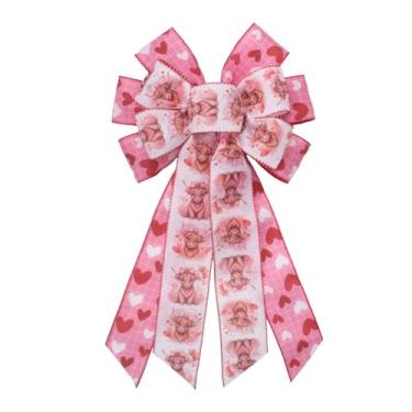Imagem de On-Airstore Grande laço de guirlanda de dia dos namorados, laço rosa de vaca highland para grinaldas, fita de coração xadrez, enfeite de árvore, arco de decoração de dia dos namorados, para decoração