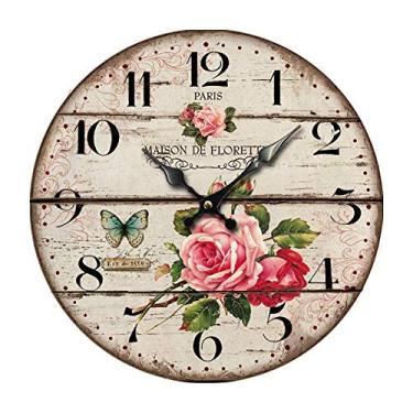 Imagem de Relógio de parede redondo com flores rosas, relógios de borboleta de madeira vintage, decoração de parede, rústico, estilo country, quartzo, relógio silencioso para mesa de casa A 30 cm (B 30 cm))