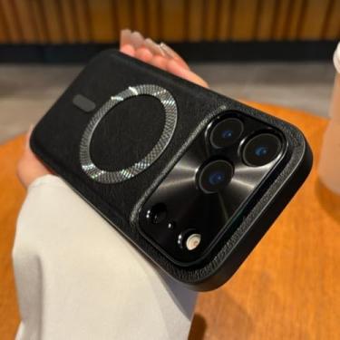 Imagem de Capa de couro texturizado de luxo para iPhone 17 Air 16 16e 15 14 13 11 12 Pro Max Plus com carregamento sem fio e proteção contra impactos (para iPhone 16/Preto)