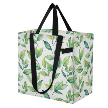 Imagem de SEHANY Sacolas de compras reutilizáveis de folhas verdes com alças reforçadas, bolsa de compras de lona dobrável à prova d'água de grande capacidade para viagem, cozinha, praia