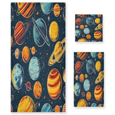 Imagem de xigua Conjunto de toalhas de banheiro com desenho animado planetas absorvente macio 3 peças toalha de banho toalha de mão toalhas decorativas para banheiro, academia, hotel, praia, piscina
