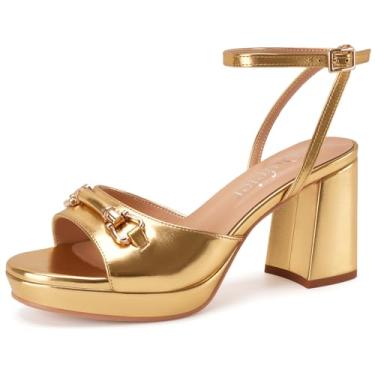 Imagem de Z.Oufeier Sandálias femininas de salto alto plataforma grossa tira no tornozelo bico aberto redondo preto salto slingback vestido elegante verão festa casamento sapatos 8,2 cm, Dourado, 42
