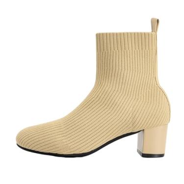 Imagem de Letuwj Bota feminina de cano curto, bico redondo, salto baixo, confortável, de malha elástica para outono e inverno, damasco, 38 BR