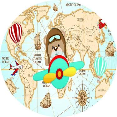 Imagem de Painel de Lona Redondo Ursinho Aviador Mapa Mundi - Fabrika De festa, 