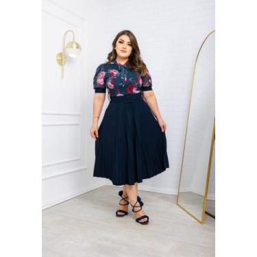 Imagem de Vestido Midi Estampado Com Saia Plissada Acompanha Cinto. - Bia Modas,