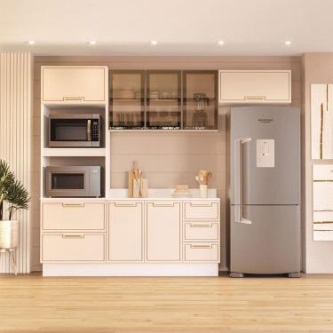 Imagem de Cozinha Compacta Amara 8 Portas 4 Gavetas com Vidro Creme/Branco - Politorno