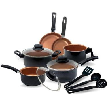 Imagem de Jogo de Panelas Kit 9 Pçs Antiaderente Tampa Vidro Teflon - oem, Preto