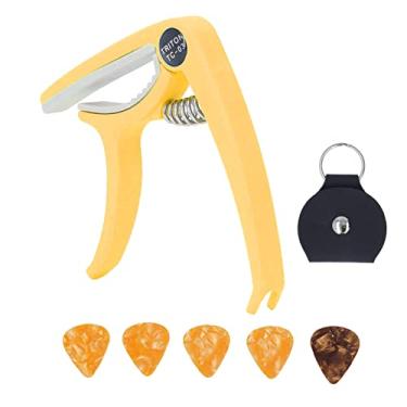 Imagem de Guitarra Capo,Guitarra El¨¦trica Profissional Capo ABS Libera??o R¨¢pida Ukulele Guitarra Capo Conjunto com 5 PCS Palhetas de Guitarra Gr¨¢tis para Mando Six String Guitar(Yellow), Capo de guitarra