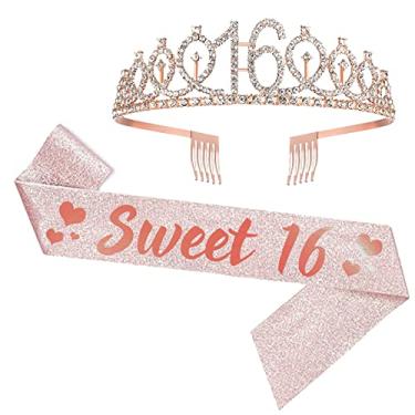 Imagem de Faixa de aniversário de 16 anos e tiara para meninas, Sweet 16 fabulosa faixa e coroa de aniversário de tiara, presentes de feliz aniversário de 16 anos para meninas, artigos e decorações de festa, ouro rosa