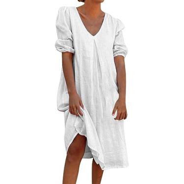 Imagem de Vestidos casuais femininos cor sólida linho gola V solto manga curta vestido vestido longo vestido de comprimento médio, Branco, P