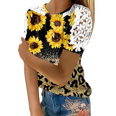 Imagem de Blusas femininas de malha de renda para treino de manga curta Y2K blusas de algodão de verão camisetas camponesas túnica formal, Preto, GG