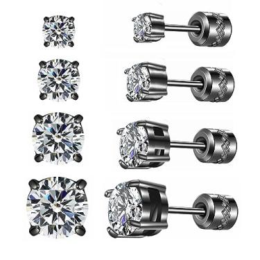 Imagem de ZQGOFPT 4 pares de brincos de titânio inoxidável para mulheres e homens, conjuntos de brincos de parafuso de aço cirúrgico preto, pacote múltiplo, arco-íris 5A zircônia cúbica brincos de sono brincos de sono de cristal duplo lado piercing cartilagem joia, Titânio, Zircônia cúbica