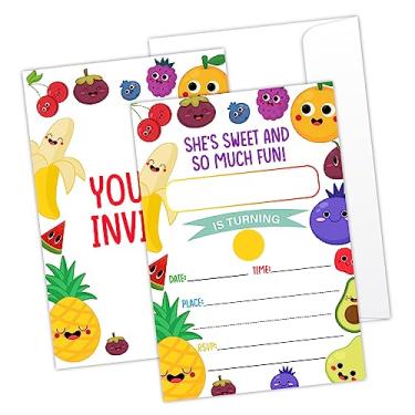 Imagem de Tutti-Frutti Convites de festa de aniversário doces e suculentos, cartões de convite de festa de frutas divertidas, 20 cartões de convite de celebração de festa infantil com envelopes, convite de