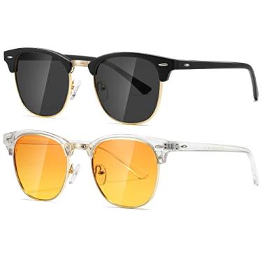 Imagem de AEVOGUE Óculos de sol polarizados para mulheres e homens, armação semi sem aro, óculos de sol retrô AE0369, Preto fosco e vermelho transparente amarelo, One site fit all